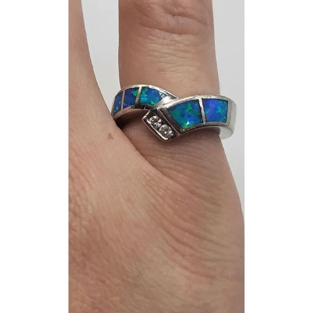 Chunky Blue Opal Inlay Sterling Silver Ring Size 5